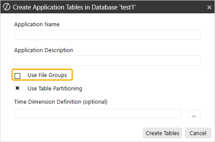 Create Application Tables in Database with Use File Groups checkbox highlighted